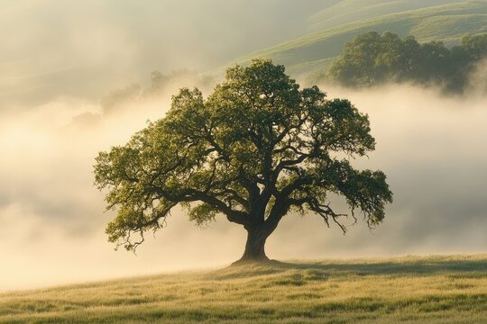 A majestic tree stands solitary in a foggy field, with rolling hills visible in the misty background during golden hour.
