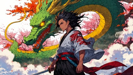 Digital art of a samurai warrior with a katana and a mythical dragon in anime style