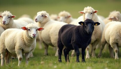 Obraz premium One lone black sheep amidst a flock of white sheep, outstanding, distinctive