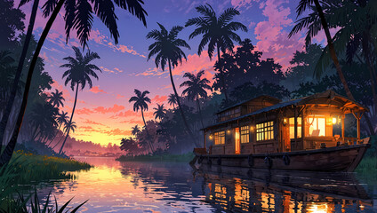 Fototapeta premium Beautiful sunset scene with a houseboat on a calm river surrounded by lush palm trees in anime style