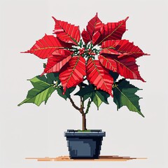 Red poinsettia flower square pixel art cartoon design on plain white background illustration