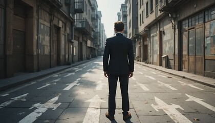 Man in Suit Standing on Street with Directional Arrows