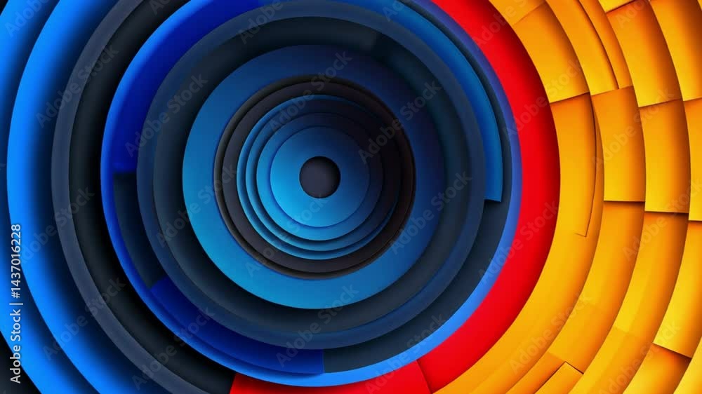 Poster vibrant abstract design featuring dynamic concentric circles in blue, red, and yellow, creating visu