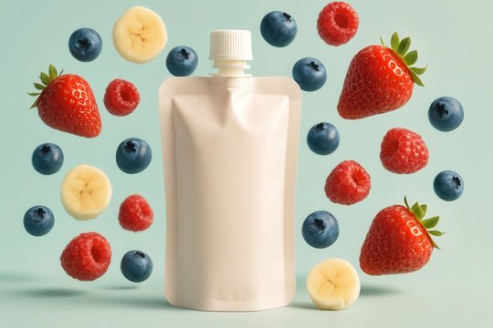 White blank flexible pouch with spout and fruits flying around, creative layout for smoothie or yogurt packaging