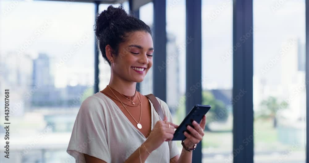 Poster Woman, phone texting and office with meme on social media break and scroll on the internet at work. Happy, app and mobile networking with technology at public relations agency online with laughing