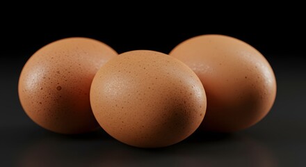 A close up studio shot of three brown eggs arranged on a dark surface with a black background behind them
