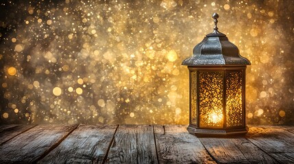 Glowing Lantern on Wooden Table Festive Background