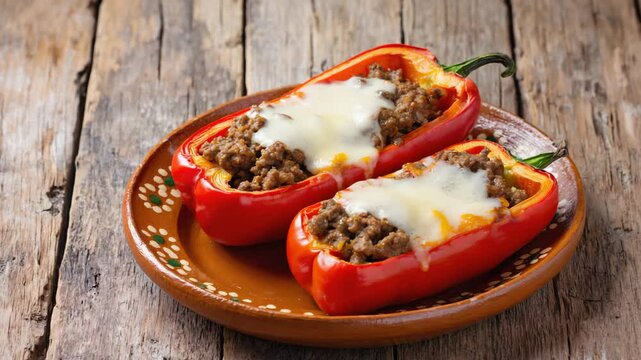Rocoto relleno, Peruvian dish with stuffed peppers, ground meat, and cheese, rustic wooden table, soft natural lighting
