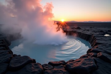 Fototapeta premium hot spring Geothermal steam rising at sunrise over a natural hot spring.