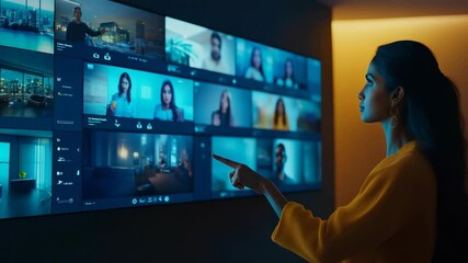 Woman interacts with a large display screen featuring a video conference call grid with multiple participants and interface elements in a futuristic interior.