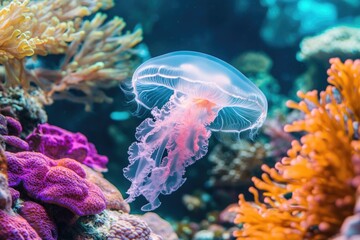 Naklejka premium A jellyfish with a translucent body floats among colorful corals, creating a serene underwater scene, enhanced by filtered sunlight.