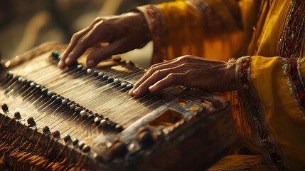 Close-up of an older adult's hands playing a stringed instrument. The warm lighting and rich colors create a captivating image.