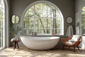 Fototapeta premium Elegant modern bathroom with a captivating view of the forest.