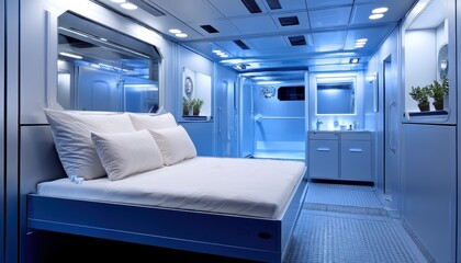 Obraz premium Exploring the calm blue sleeping module interior space photography serene environment panoramic view high fidelity