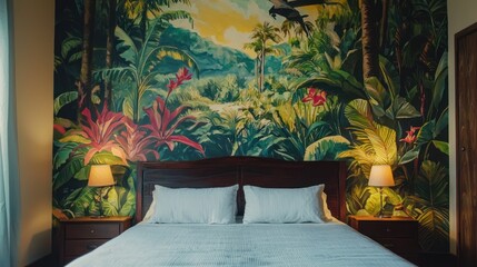 A tropical rainforest painting covering a bedroom wall