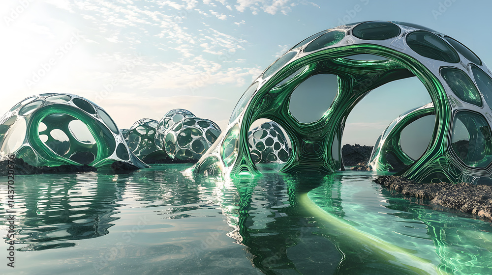 Poster designing autonomous ecological nodes geodesic structures water environment innovative technology co