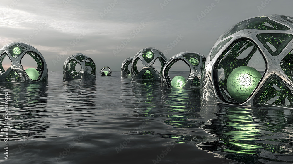 Poster creating autonomous ecological nodes ocean surface digital art futuristic design conceptualization