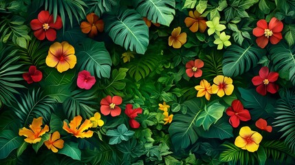 Lush Tropical Flowers and Leaves Background