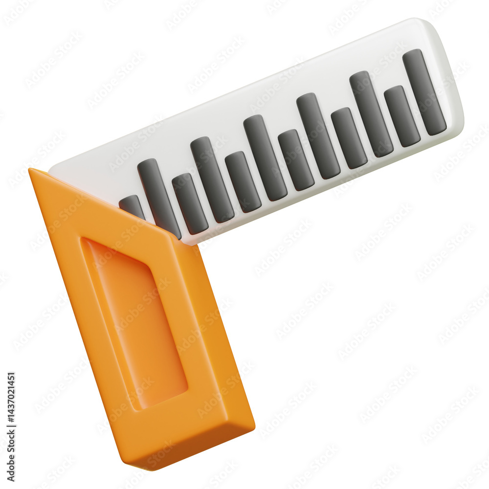Poster 3d illustration of try square combining with data chart bars on transparent background