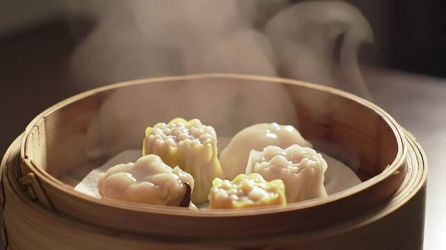 Close-Up Video of Bamboo Steamer Lid Lifting to Reveal Hot Steaming Dim Sum Dumplings (Shumai/Har Gow) - Authentic Chinese Cuisine Appetizer