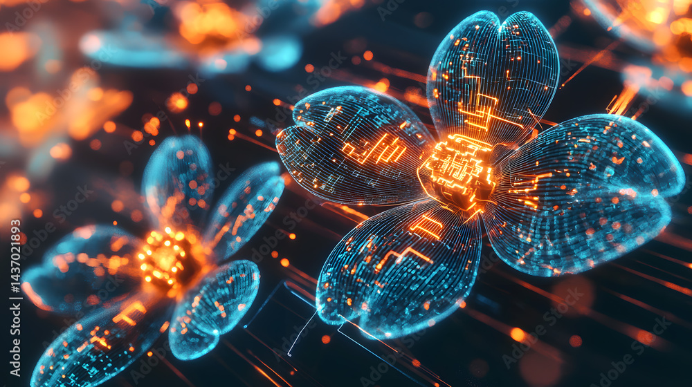 Poster exploring biodigital interfaces as floating circuits in modern design urban spaces digital art innov