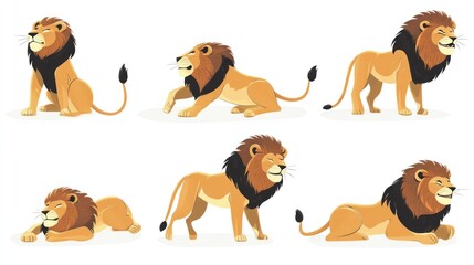 Fototapeta premium Six lions in various poses, white background, African wildlife illustration, children's book