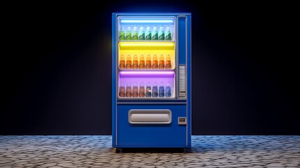 A blue vending machine with various colorful drinks on shelves under a dark, illuminated background