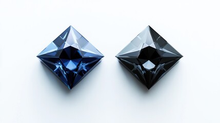 Two square-cut gemstones, blue and black, on white background; jewelry advertising