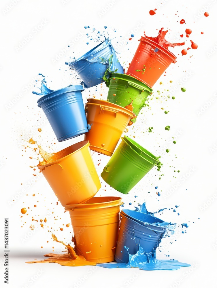 Poster colorful splashing paint buckets creating dynamic art scene studio environment photography creative 