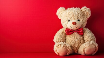 Obraz premium Cute teddy bear with red bow tie on red background.