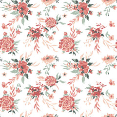 Watercolor Floral Seamless Pattern for Textile Print for Fabric, Blush Coral Bouquet on White Background