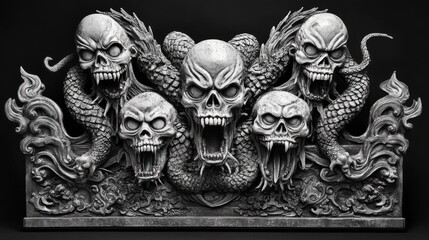 Sculptural Horror Skull Dragon Art Piece on black background