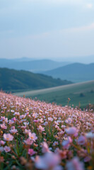 Fototapeta premium Beautiful landscape featuring field of pink flowers in foreground, with rolling hills and soft blue sky in background, creating serene and peaceful atmosphere