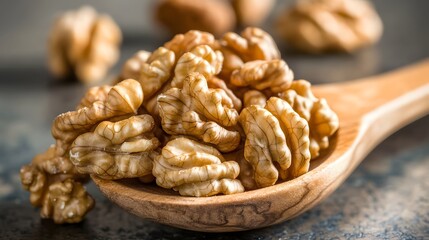 Obraz premium Closeup of Walnuts in Wooden Spoon Healthy Snack Food