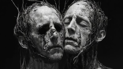 Two Faces, Entwined in a Dark, Artistic Portrait on black background