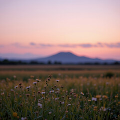 Naklejka premium Serene landscape unfolds featuring field of wildflowers under pastel sky at sunset, with distant mountains creating tranquil backdrop