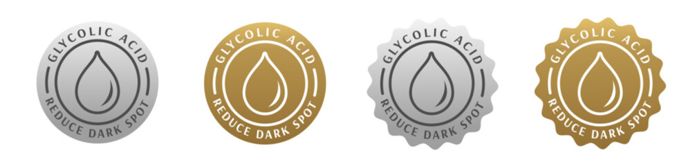 skincare ingredients glycolic acid, badge, seal, stamp, sticker, logo, silver, gold. body care, beauty product, cosmetic, make up, skin treatment for reduce dark spot