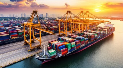 Naklejka premium Industrial shipping cranes at work during sunrise at a container port