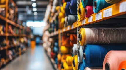 Industrial warehouse filled with textile rolls ready for overseas export