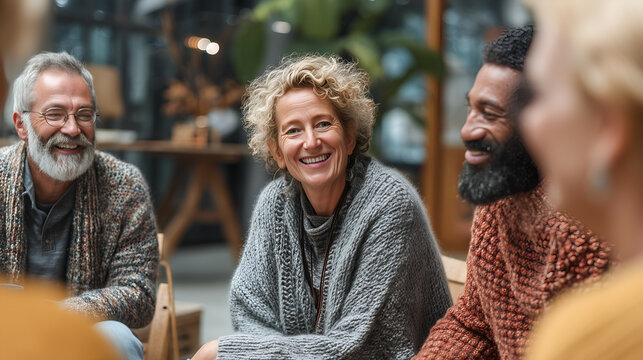Diverse Group of Smiling Adults Socializing in Cozy Indoor Setting – Friendship, Relaxation, and Community