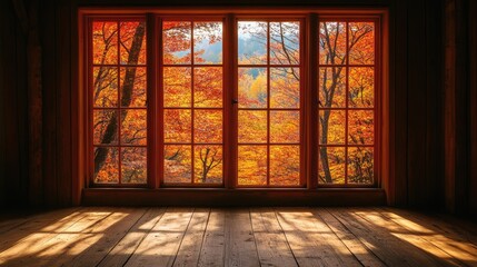 Large window view of Japanese maple trees from a warm natural wood-floored room