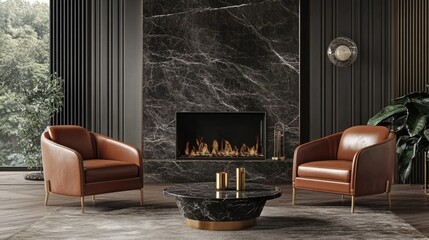 Modern American fireplace setup with leather seating and brass accessories