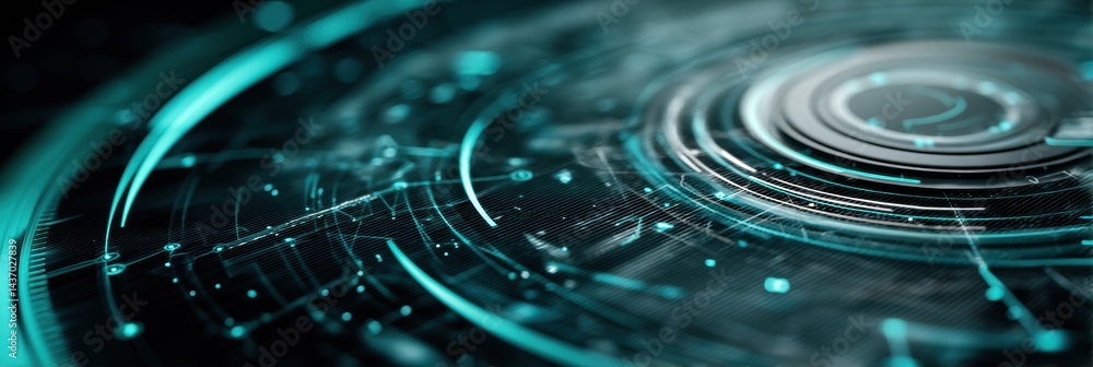 Poster Holographic Interface Displaying Advanced AI Data in a Circular Composition for Futuristic Technology Visualization