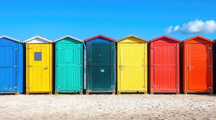 Row of colorful shipping containers against a bright blue sky