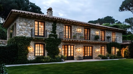 Rustic Mediterranean Stone House with Warm Lights and Greenery