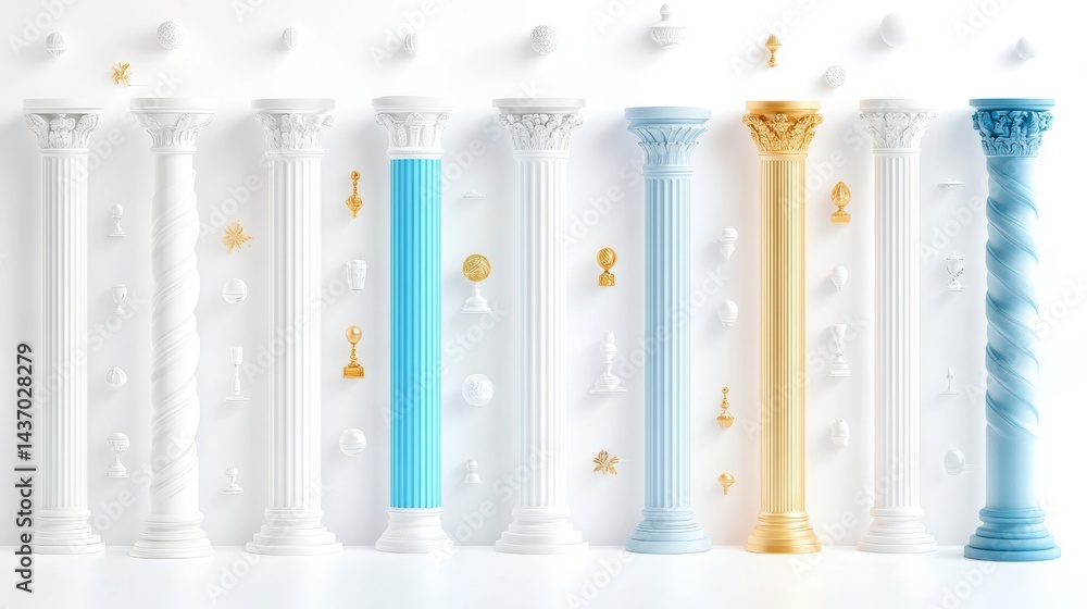 Poster artistic display of decorative columns in a modern gallery white background art installation minimal