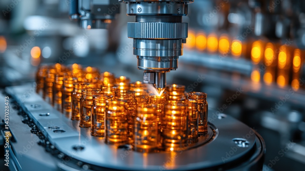Poster precision machinery performing automated assembly of amber vials in a modern factory setting
