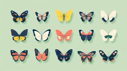 Fototapeta premium Butterfly collection on pastel green background for decoration and spring designs