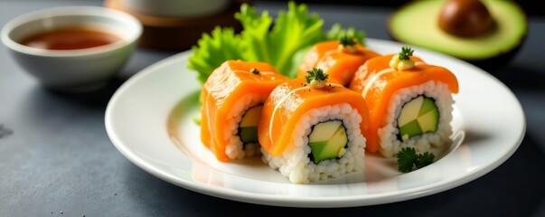 Fresh sushi set with salmon, avocado, and rice on white plate, tasty, food
