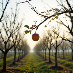 Serene morning scene unfolds with apple hanging from branch in orchard, surrounded by blossoming flowers and rows of trees, evoking sense of tranquility and nature beauty